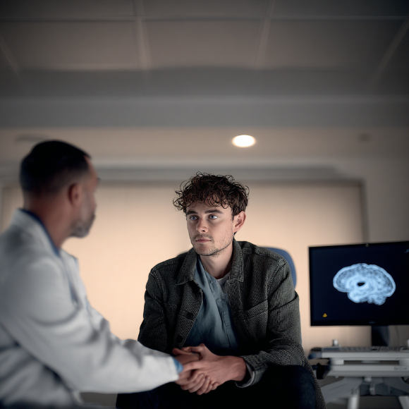 A young man sits in disbelief as a doctor shares news with him