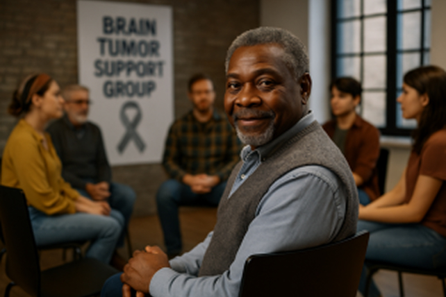 Smiling man in foreground at a Brain Tumor Support Group meeting. Diverse attendees sit in a circle