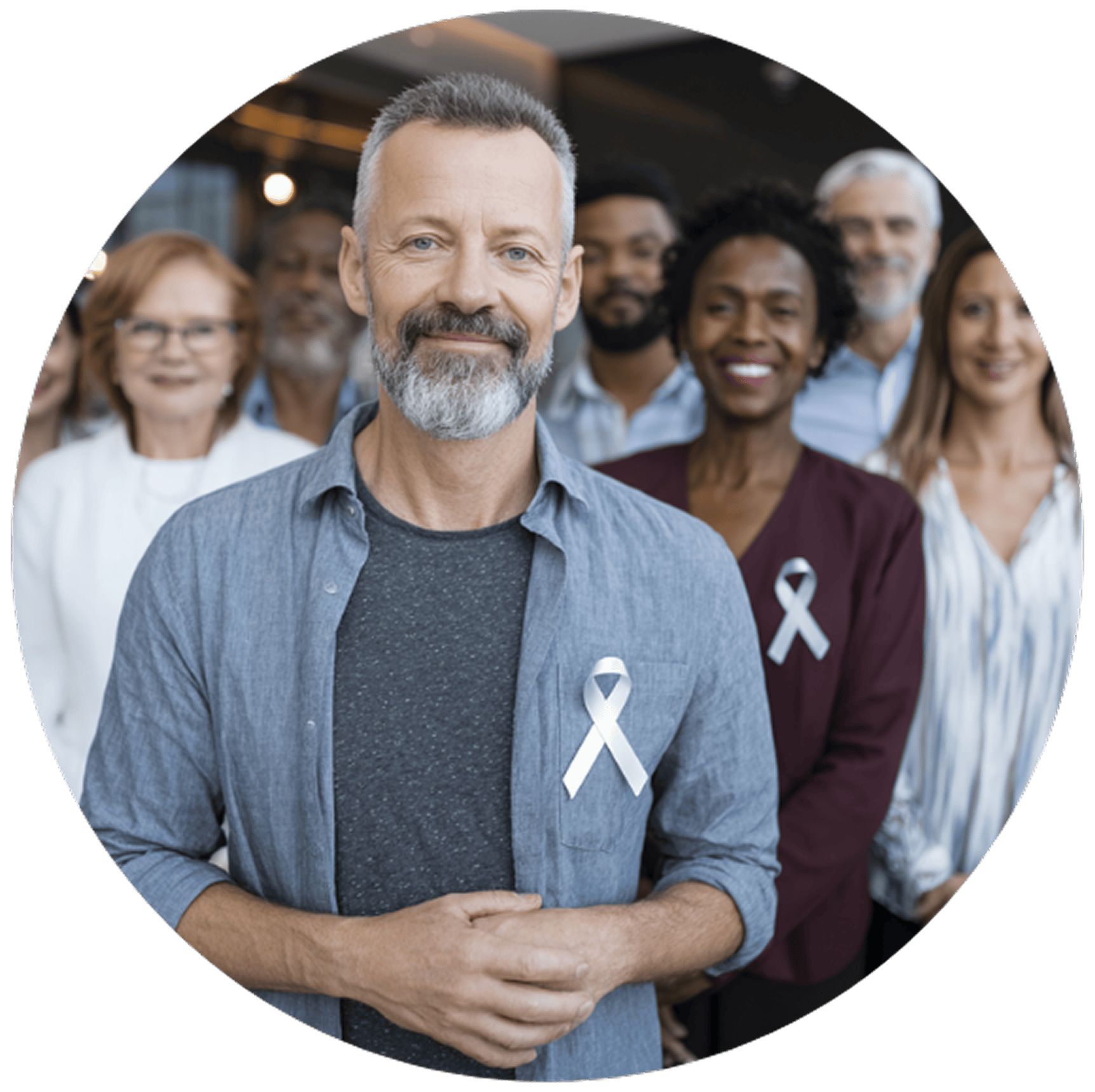 A diverse group of people stands together, each wearing a white ribbon.