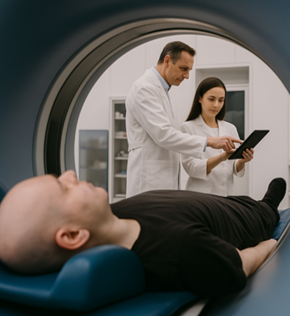 A patient lies inside an MRI machine, eyes closed. Two doctors in white coats review a tablet.