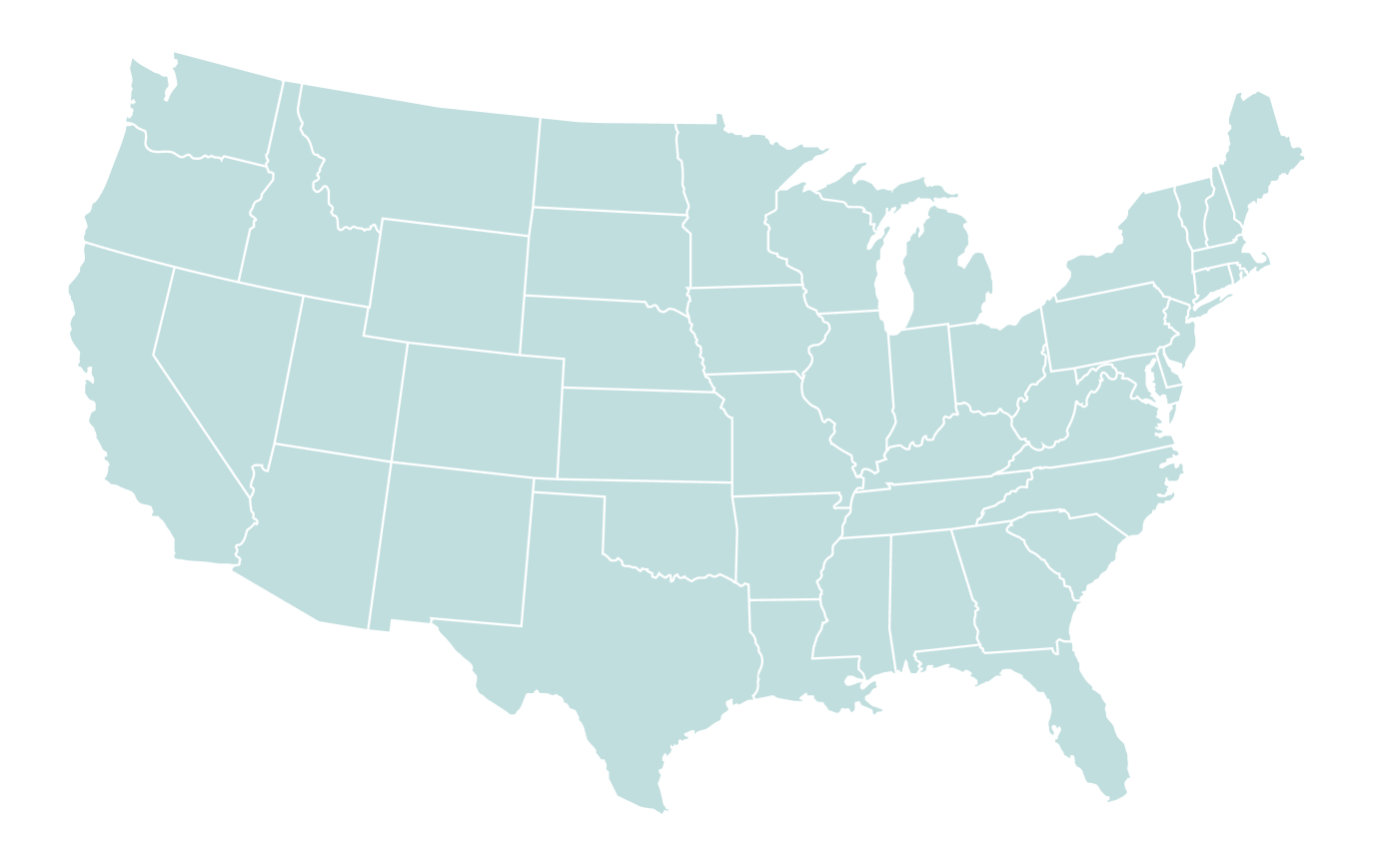 Map of the United States in a blue teal color