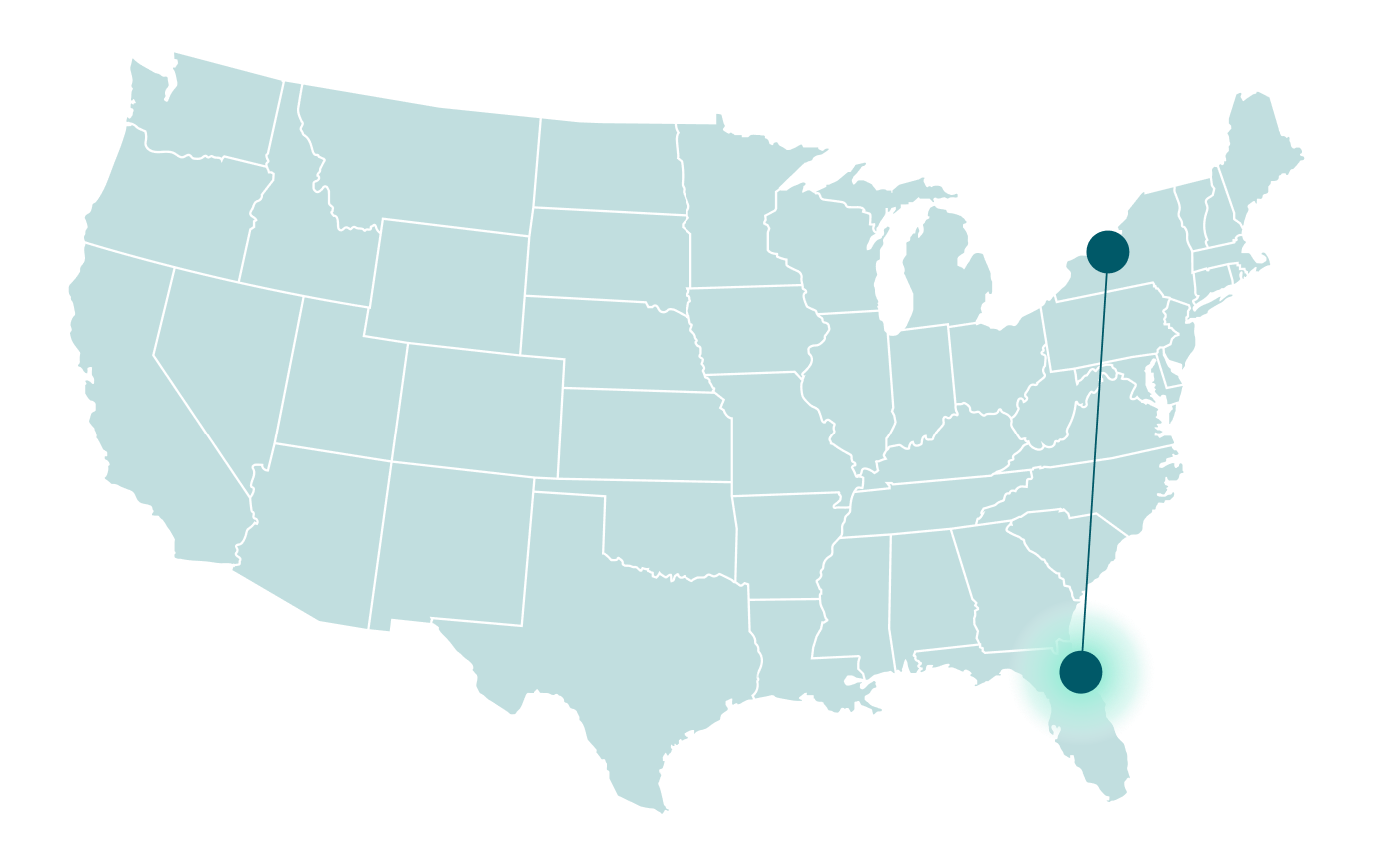 Ben's journey map with a pin at PVB FL