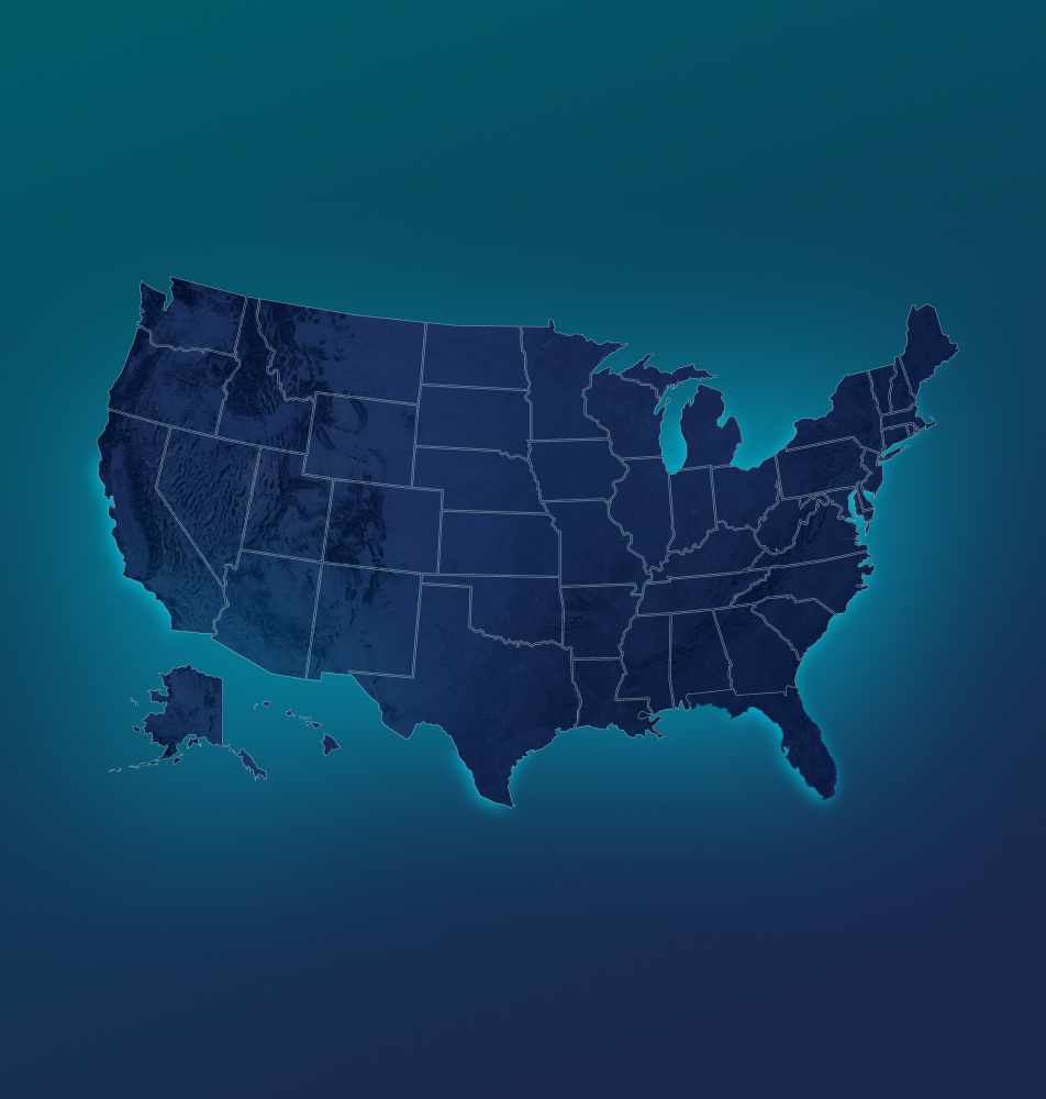 Map of the United States with a dark blue overlay. Florida is highlighted in bright white, creating a vivid contrast against the muted background.