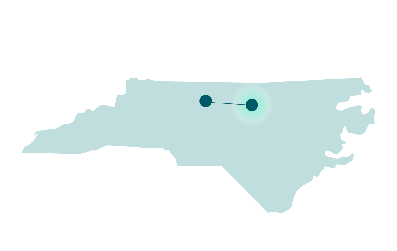 Tracy's journey in North Carolina with a pin on the city of Durham