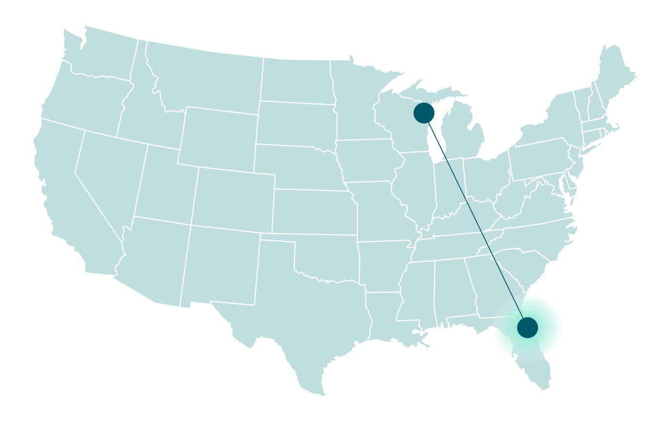 William's journey map with a pin at PVB FL