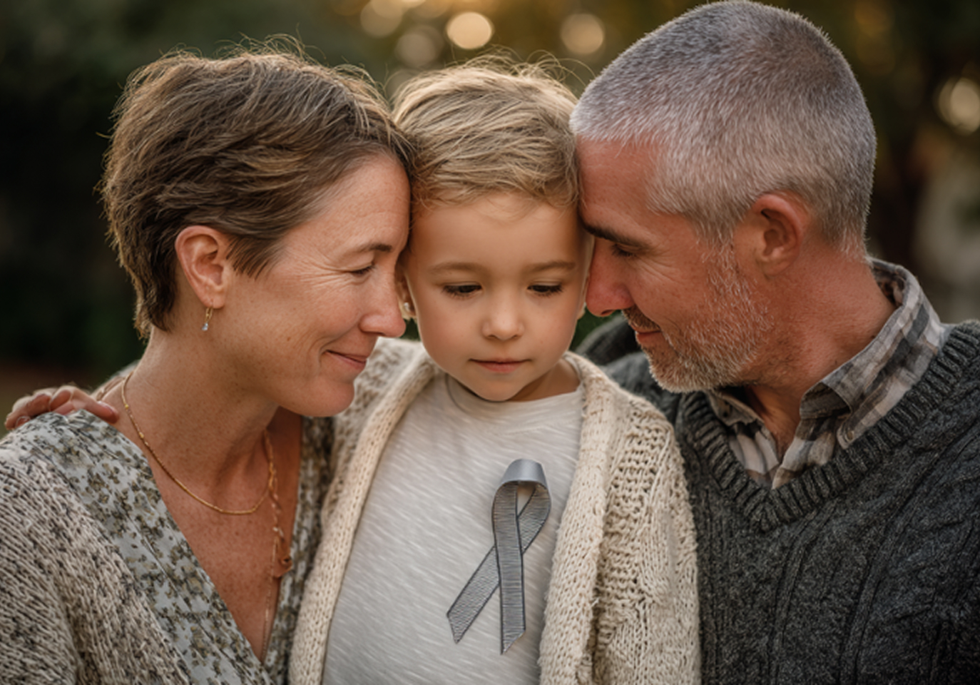 A loving family embraces their child, who wears a gray awareness ribbon. The adults gently touch heads with the child