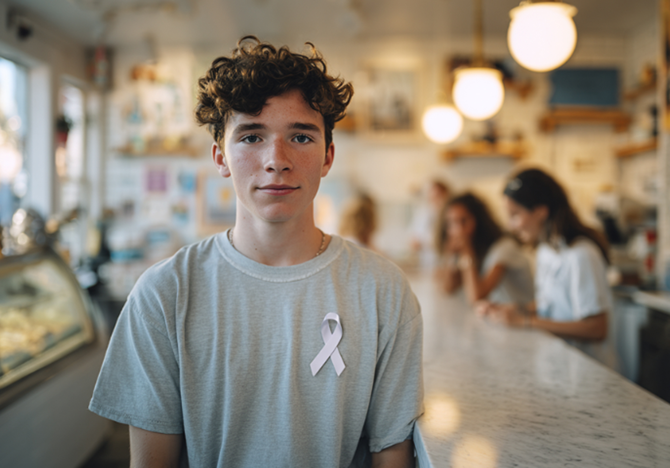 Young person with curly hair wearing a white ribbon on a gray shirt. They are sitting at a marbled counter in a bright cafe, with people blurred in the background.
