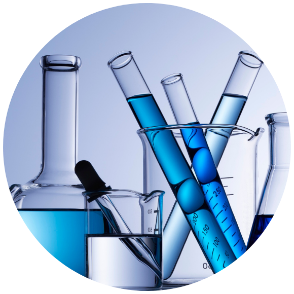 Glass laboratory equipment, including test tubes, beakers, and flasks, filled with blue liquid arranged against a gradient blue background, conveying a scientific tone.