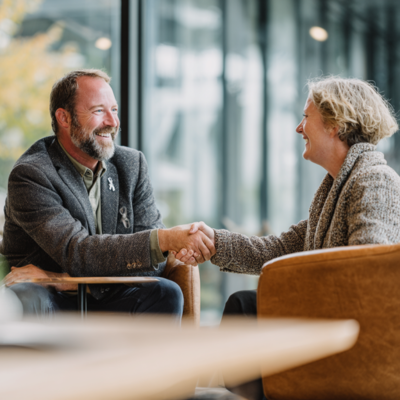 Two adults shaking hands during a supportive conversation in a comfortable indoor setting.