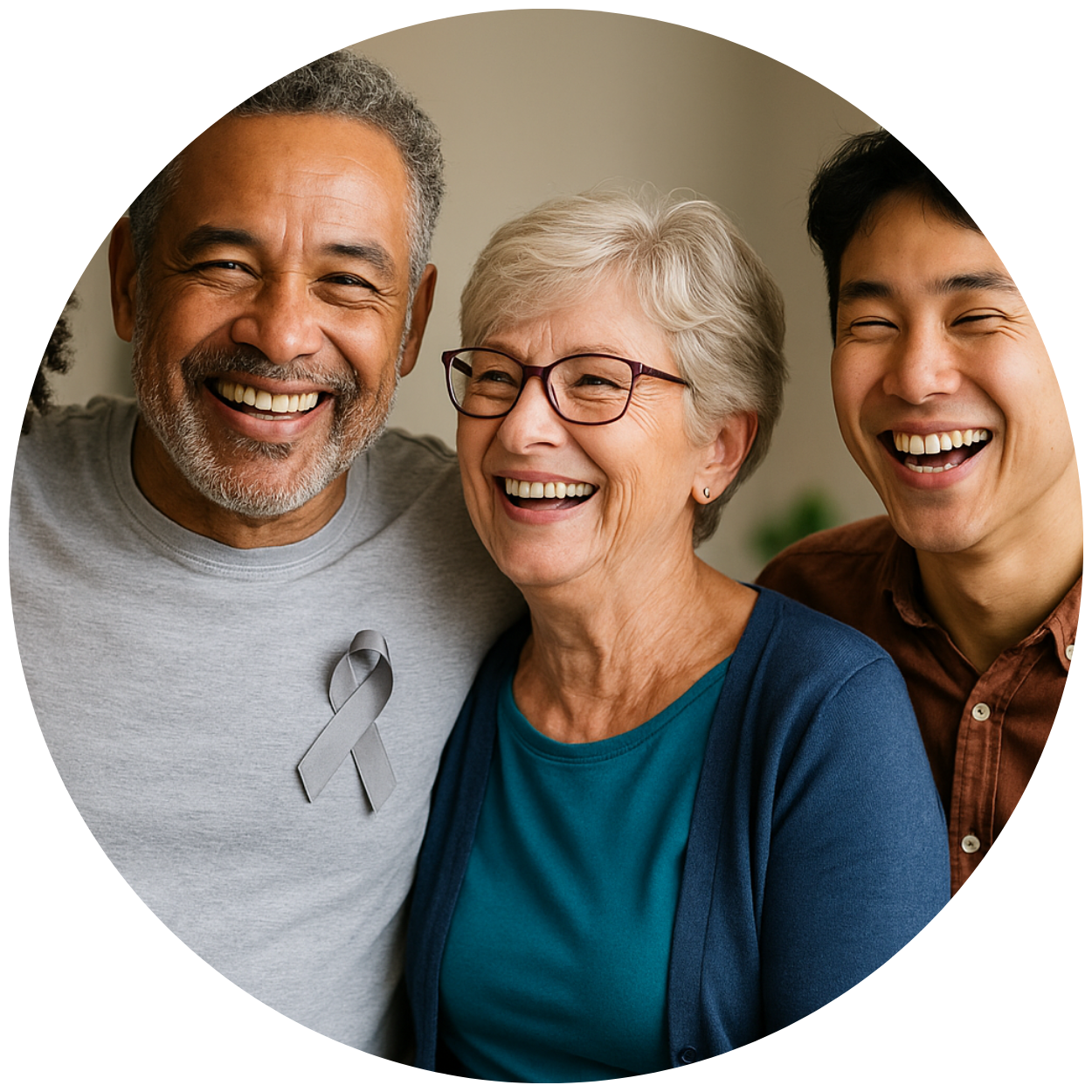 Diverse group of people smiling and wearing a grey brain tumor cancer ribbon