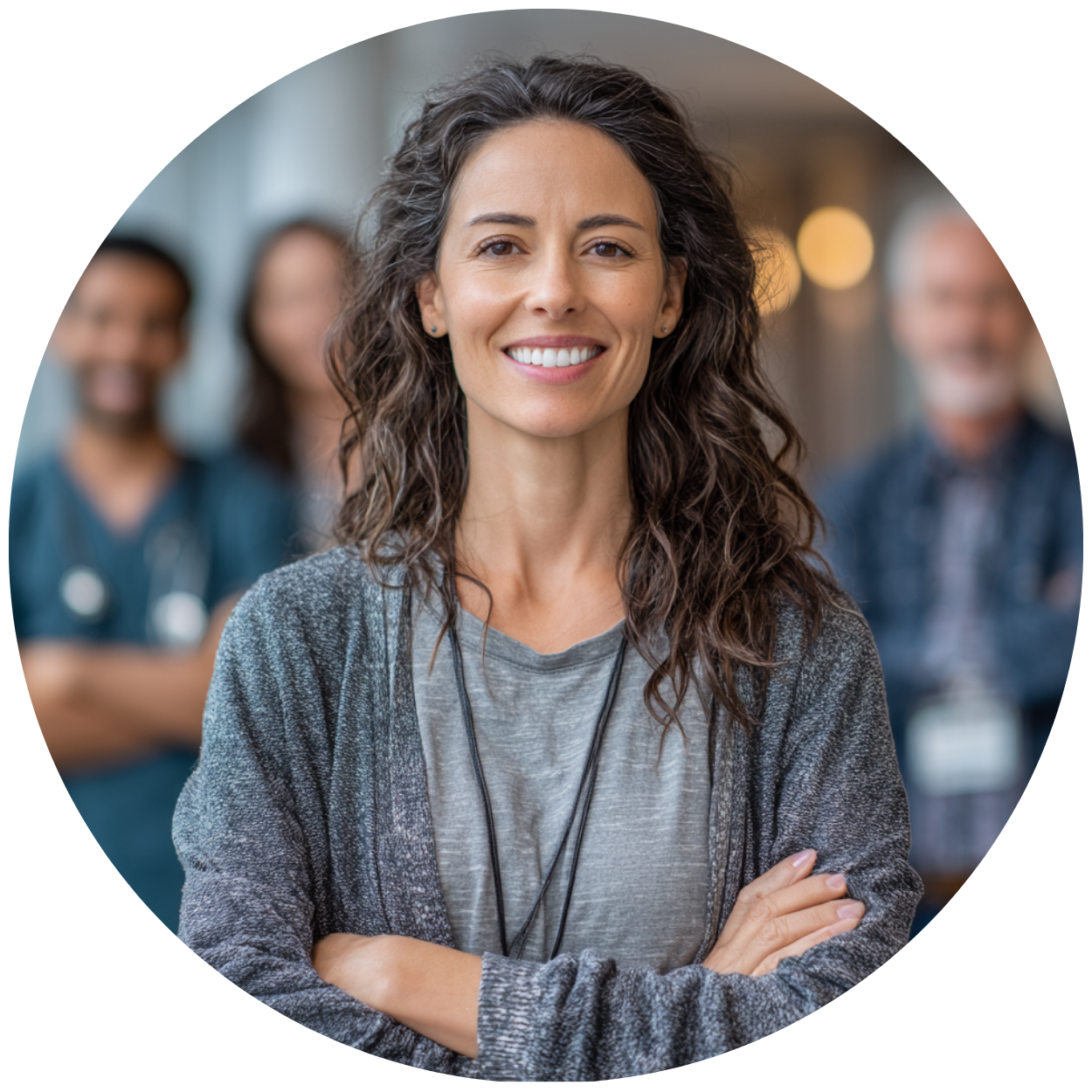 An experienced nurse navigator stands proudly in front a group of healthcare workers in the background