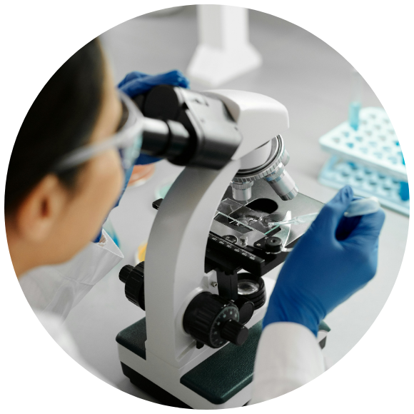 A physician scientist looks at a microscope