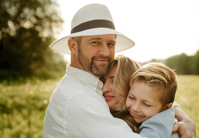 Family embracing outdoors, sharing a quiet moment of support and connection.