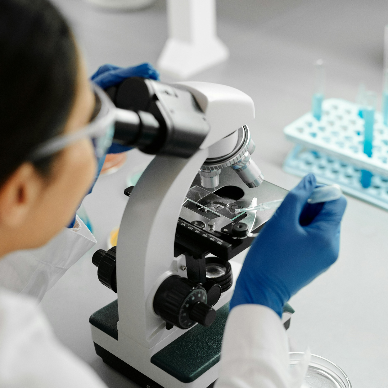A physician scientist looks at a microscope