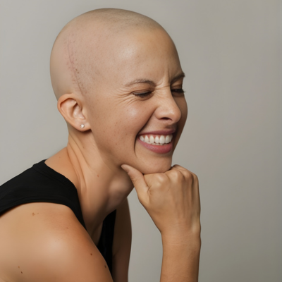 Woman with a shaved head smiling in a studio-style portrait.