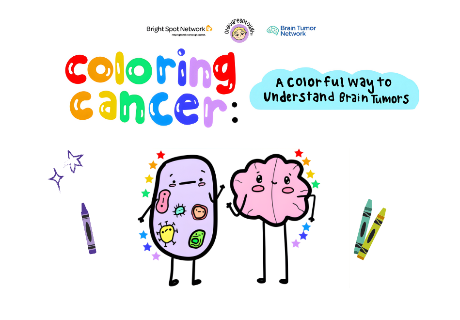 A playful illustrated graphic titled “Coloring Cancer: A colorful way to understand brain tumors,” featuring cartoon characters of a cell and a brain holding hands, surrounded by bright colors, stars, and crayons, with Brain Tumor Network and partner logos at the top.