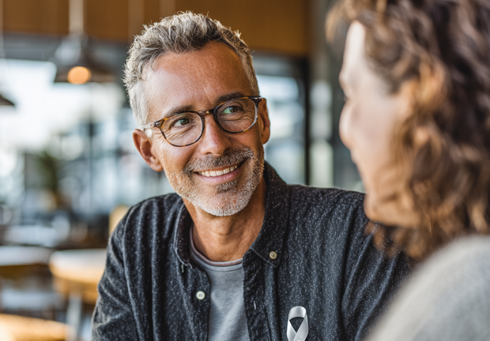 Smiling man wearing a gray awareness ribbon talks with another person in a café.