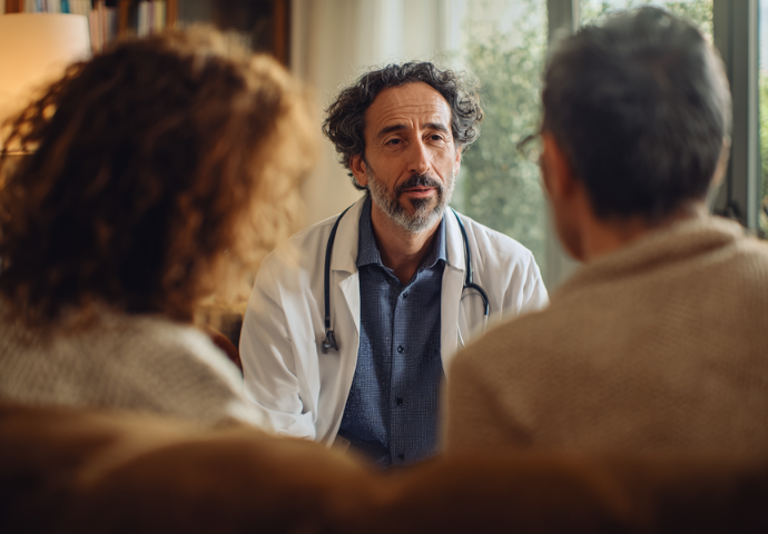 A physician wearing a white coat and stethoscope speaks with two adults seated across from him in a quiet, home-like setting, suggesting a medical consultation or care discussion involving a patient and caregiver.
